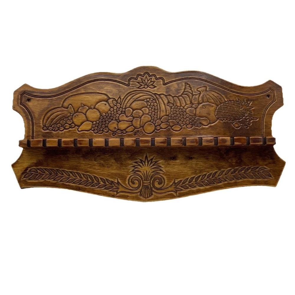 Vintage Carved Wooden Spoon Display Rack Holder 16 Slots Cornucopia Fruit